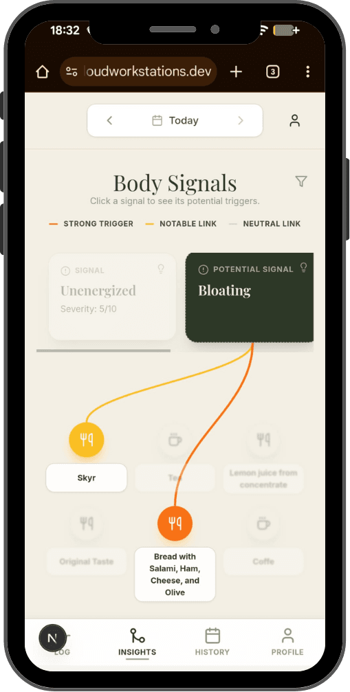 A diagram showing how BetterEatsAi connects food inputs to body signals like energy and mood.